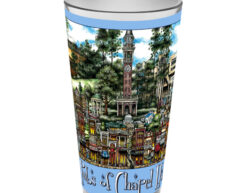 Decorative cup with vibrant illustrations of chapel hill, featuring notable landmarks like a bell tower and lush greenery, bordered by a blue stripe.