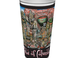A colorful illustrated pint glass with whimsical artwork showcasing various landmarks and themes representative of columbus, titled "pubs of columbus.