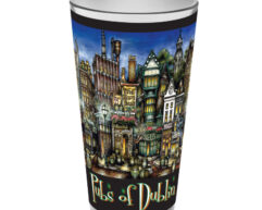 Decorative souvenir cup with a colorful illustration of dublin's pubs, featuring detailed architectural drawings of several famous establishments.