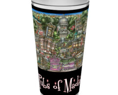 A decorated drinking glass featuring colorful illustrations of various pubs in madison, titled "pubs of madison" at the base.
