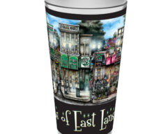 A souvenir cup featuring illustrated vintage store fronts with the text "streets of east lansing" encircling the top and bottom.