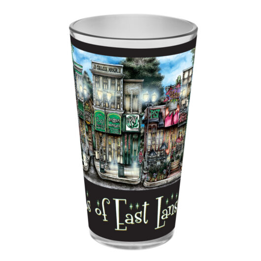 A souvenir cup featuring illustrated vintage store fronts with the text "streets of east lansing" encircling the top and bottom.