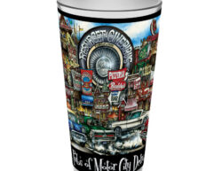 Decorative cup featuring vibrant scenes of motor city, detroit, with classic cars, city landmarks, and retro diner and pizzeria illustrations.