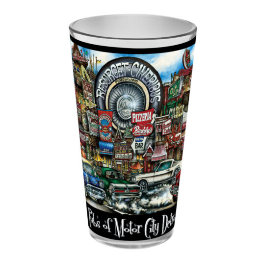 Decorative cup featuring vibrant scenes of motor city, detroit, with classic cars, city landmarks, and retro diner and pizzeria illustrations.