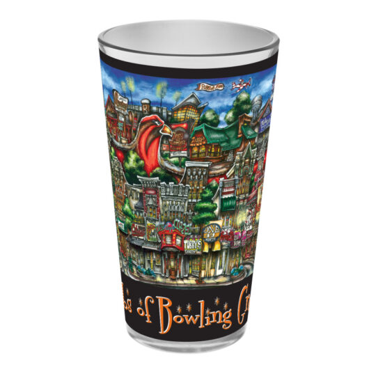 Colorful drinking cup featuring a vibrant street scene illustration with buildings, a red tongue logo, labeled with "city of pubsOf Bowling Green, OH pint glass sets.