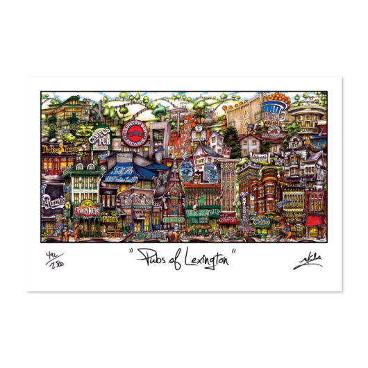 Illustration of various colorful and whimsical pubs in lexington, titled "pubsOf Lexington, KY (print)," with vibrant signs and details, signed by the artist.