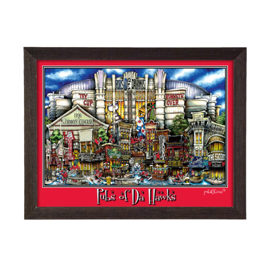 Framed artwork depicting a colorful, detailed illustration celebrating the history and culture of the pubsOf Chicago Blackhawks hockey team.