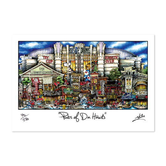 Colorful illustration titled "pubsOf Chicago Blackhawks print" depicting an eclectic, bustling street scene with various fictional pub facades and lively characters inspired by the Chicago Blackhawks.