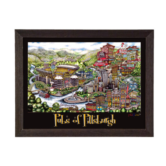 Framed artwork depicting a colorful, stylized illustration of pittsburgh's landmarks and landscape, titled "pubs of pittsburgh.