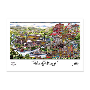 Colorful illustration of Pittsburgh featuring iconic landmarks, Pittsburgh Steelers, rivers, and hills, titled "pubsOf Pittsburgh" and signed by the artist.