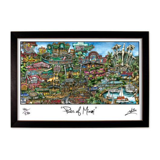 Colorful, detailed artwork of miami in a black frame, featuring iconic landmarks and vibrant scenes captured in a whimsical style, signed by the artist.