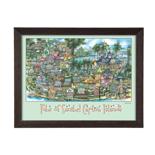 Framed illustration of sanibel and captiva islands, featuring colorful, detailed depictions of landmarks and natural scenery.