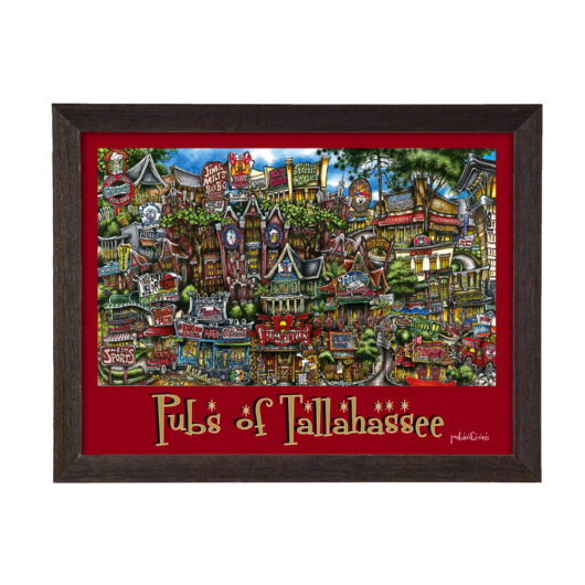 Framed artwork depicting a colorful, detailed illustration of various "pubs of tallahassee" with vibrant signs and buildings, in a cartoon style.