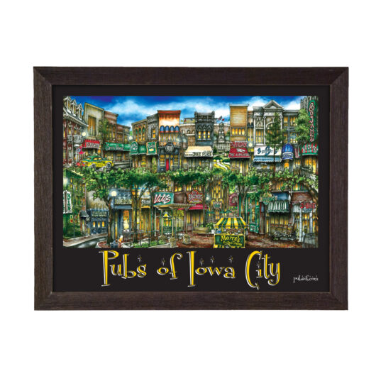 Framed artwork depicting colorful illustrations of various pubs in iowa city, titled "pubs of iowa city" at the bottom.