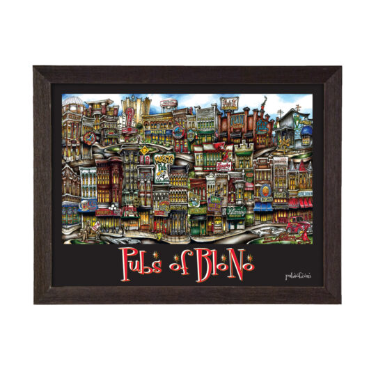 Framed artwork of a colorful, stylized illustration titled "pubs of dublin," depicting various iconic and whimsical pub facades.