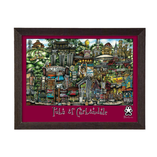Illustration depicting a colorful, densely packed scene of various fictional pub signs, framed in dark wood, titled "pubs of charlesdale" by michael kungl.