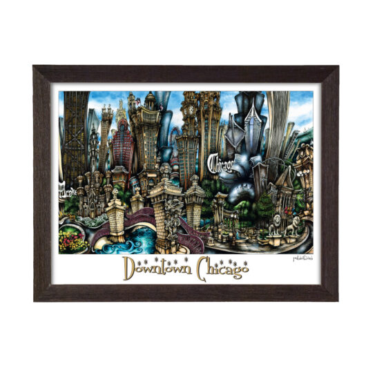 Framed artwork depicting a stylized illustration of downtown chicago, featuring iconic buildings and vibrant, whimsical details.