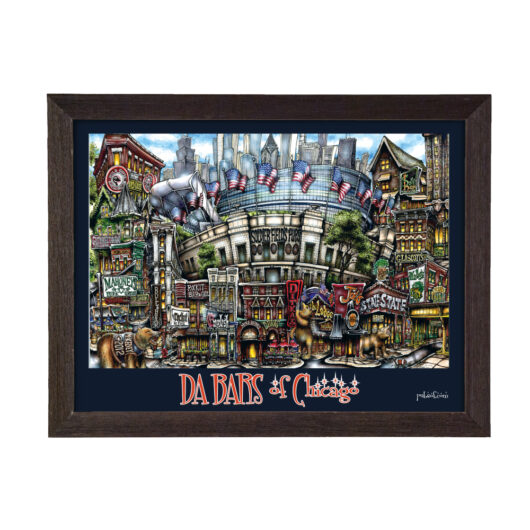 Framed artwork featuring a colorful, stylized collage of iconic chicago landmarks and symbols, titled "da bars & chicago.