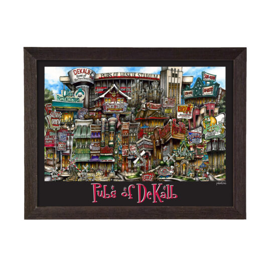 Framed painting of colorful, whimsical illustration titled "pubs of dekalb", featuring stylized depictions of various bars and pubs.
