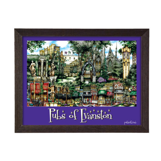 Framed artwork titled "pubs of evanston" depicting a colorful, detailed montage of various themed pubs in an imaginative setting.
