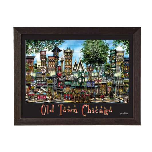 Framed artistic depiction of 'old town chicago' showcasing vibrant, whimsical buildings and bustling street scenes.