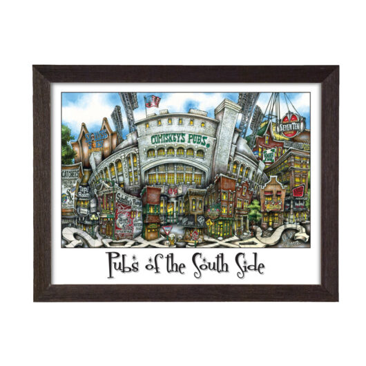 Framed illustration of a vibrant street scene titled "pubs of the south side," featuring colorful, detailed depictions of various pubs and buildings.