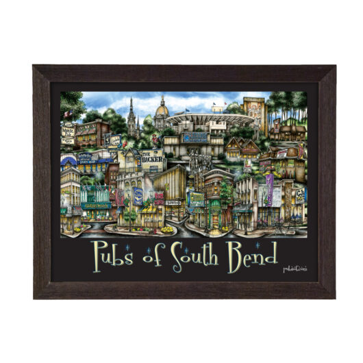 Framed artwork depicting a colorful, detailed illustration of various pubs in south bend, labeled "pubs of south bend" at the bottom.