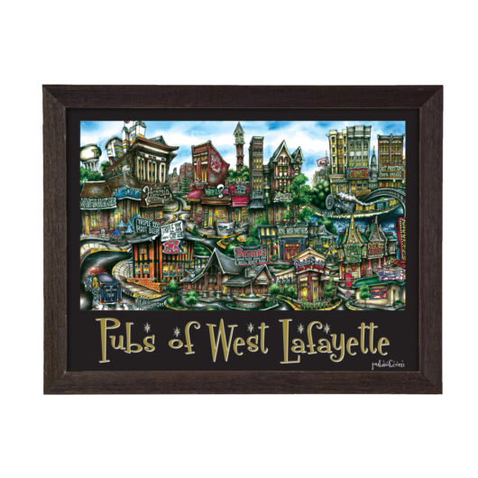 Illustration of various pubs in west lafayette, depicted in a whimsical, colorful style within a dark wooden frame.