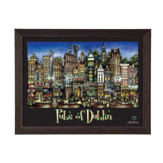 Colorful painting titled "pubs of dublin" depicting a stylized, vibrant street scene with various irish pubs in a lively nighttime setting, framed in black.