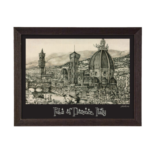 Framed black and white illustration of florence, italy, showcasing iconic landmarks with the title "pulse of florence, italy" at the bottom.