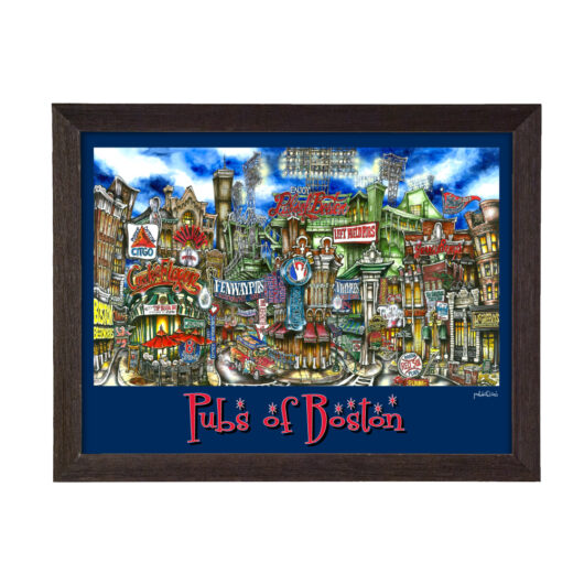 Framed artwork depicting a colorful, detailed illustration of various iconic pubs in boston with vibrant signage and architectural features.