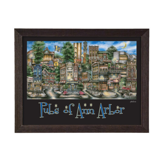 Framed artwork depicting a whimsical, detailed illustration of various city buildings labeled "puss of ann arbor" at the bottom.