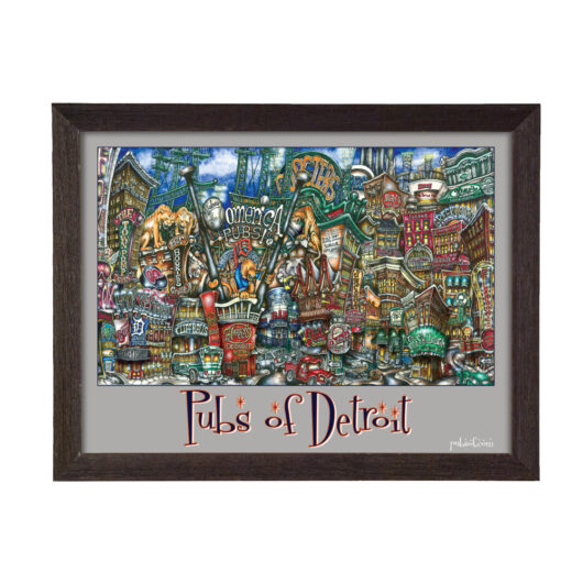 Framed artwork depicting a colorful, detailed illustration of various iconic pubs and streets of detroit.