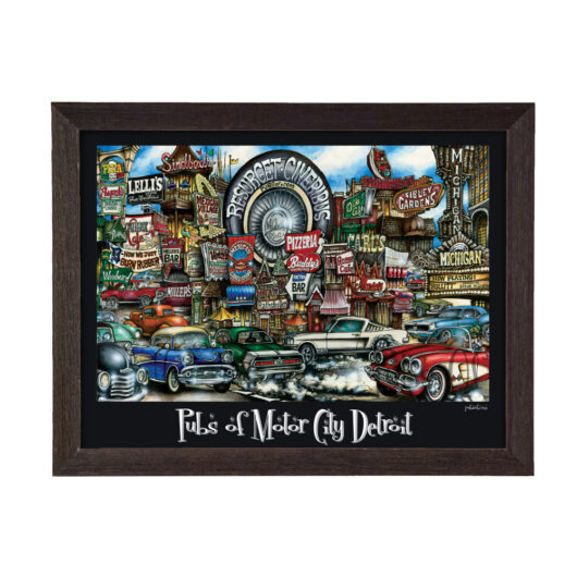 A vibrant painting of classic cars and iconic detroit landmarks and signage framed in a dark wooden frame, titled "pulse of motor city detroit.