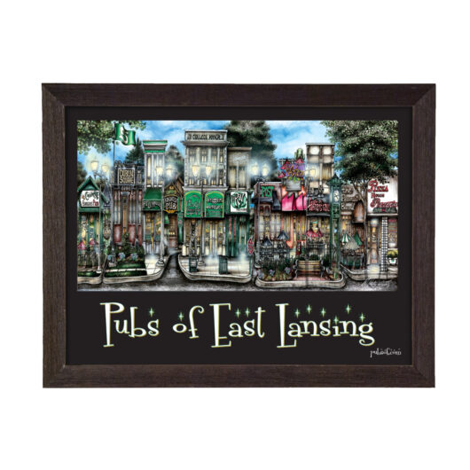 Artistic depiction of "pubs of east lansing" showcasing a stylized row of lively, colorful pub facades in a framed print.