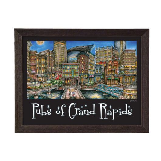 Framed painting titled "pubs of grand rapids", depicting a colorful, lively street scene with buildings and a bridge.