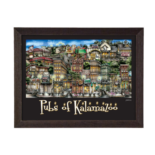 Framed artwork titled 'pubs of kalamazoo' depicting colorful, stylized illustrations of various bars and buildings in a lively urban setting.