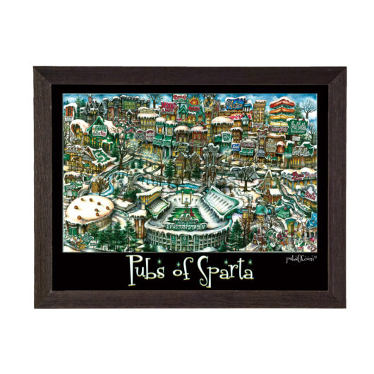 Framed illustration titled "pubs of sparta," depicting a colorful, stylized map of various pubs and buildings.