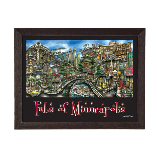 Framed artwork depicting a vibrant, fictional cityscape titled "pulse of minnapolis", featuring busy streets, diverse architecture, and a prominent river with a bridge.