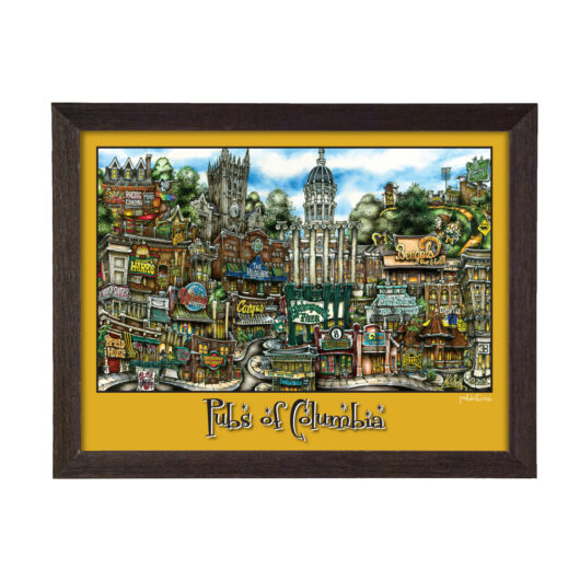 Illustration of columbia city landmarks and cultural icons in vibrant colors, framed in a dark wood border.