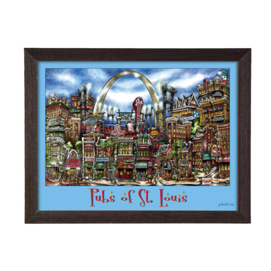 Colorful illustration titled "pubs of st. louis," featuring a stylized cityscape with a prominent arch and various lively, detailed pub fronts.