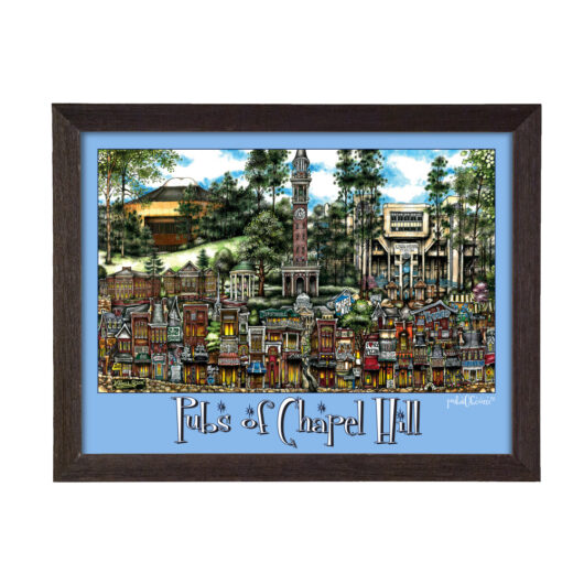 Illustrated gift poster titled "pubs of chapel hill," featuring a colorful depiction of various bars and landmarks within a dark wooden frame.