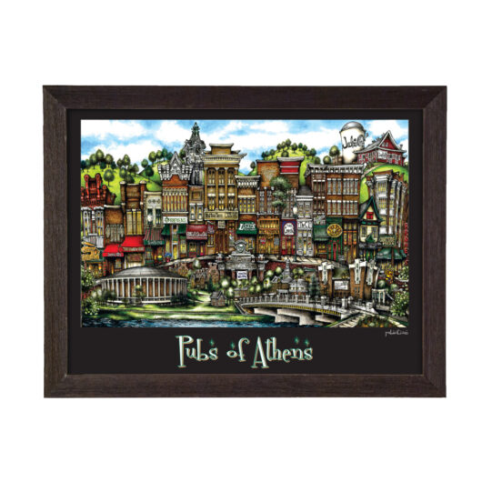 Artistic representation of various pubs in athens, depicted in vibrant colors, within a dark wooden frame, titled "pubs of athens" at the bottom.