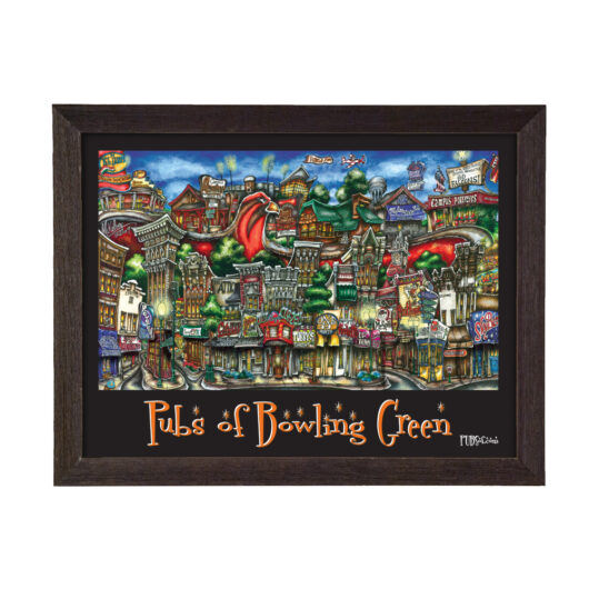 Framed painting titled "pubs of bowling green," depicting vibrant, stylized representations of various colorful pubs and buildings.