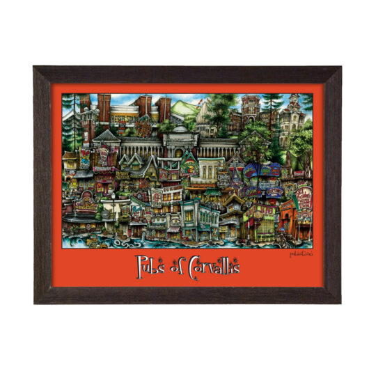 Framed artwork depicting a vibrant, colorful illustration titled "pubs of corvallis," featuring a stylized collection of various buildings and signs.