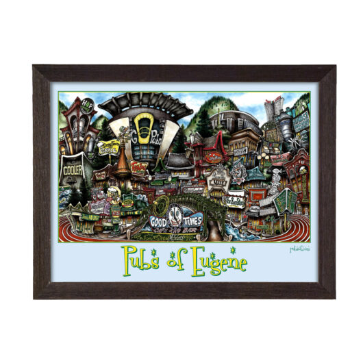 Framed illustration depicting a colorful, stylized map of Eugene's pubs, featuring unique, whimsical buildings and a "Pubs of Eugene" title—perfect as a gift.