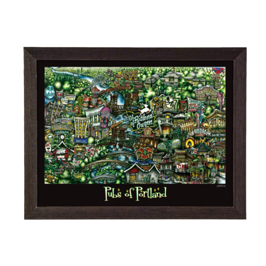 Colorful illustrated map of portland featuring whimsical depictions of landmarks and neighborhoods, encased in a dark wooden frame.