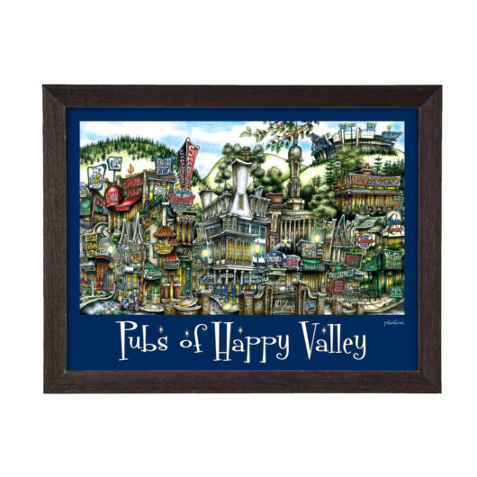 A framed illustration titled "pubs of happy valley," depicting a lively, detailed scene of various fictional pubs in a whimsical setting.
