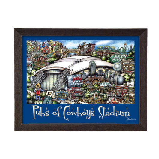 Colorful illustration of various iconic dallas landmarks and structures, titled "pubs of cowboys stadium," framed in dark wood.