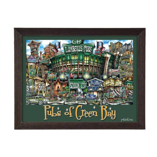 Framed artwork depicting colorful, whimsical illustrations of various pubs in green bay, labeled with names and decorated with football motifs.